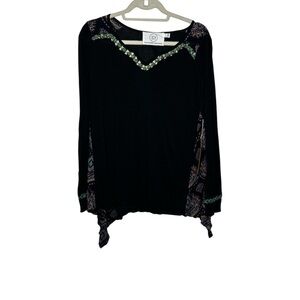 Sloane Rouge Boho Black Embellished Handkerchief Hem Top Size Small NWT